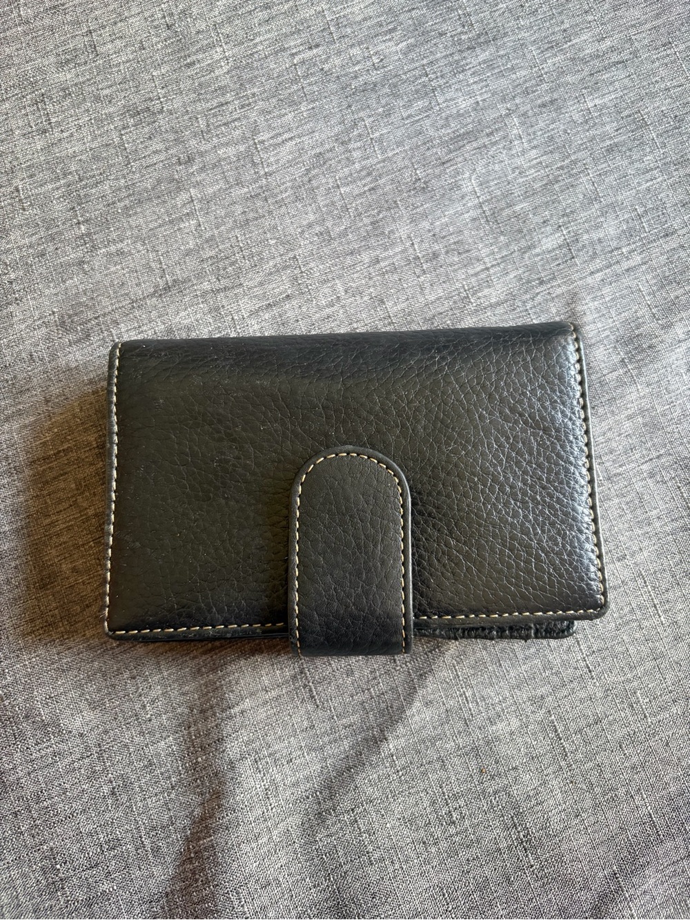 Black Leather Snap Wallet with Contrast Stitching